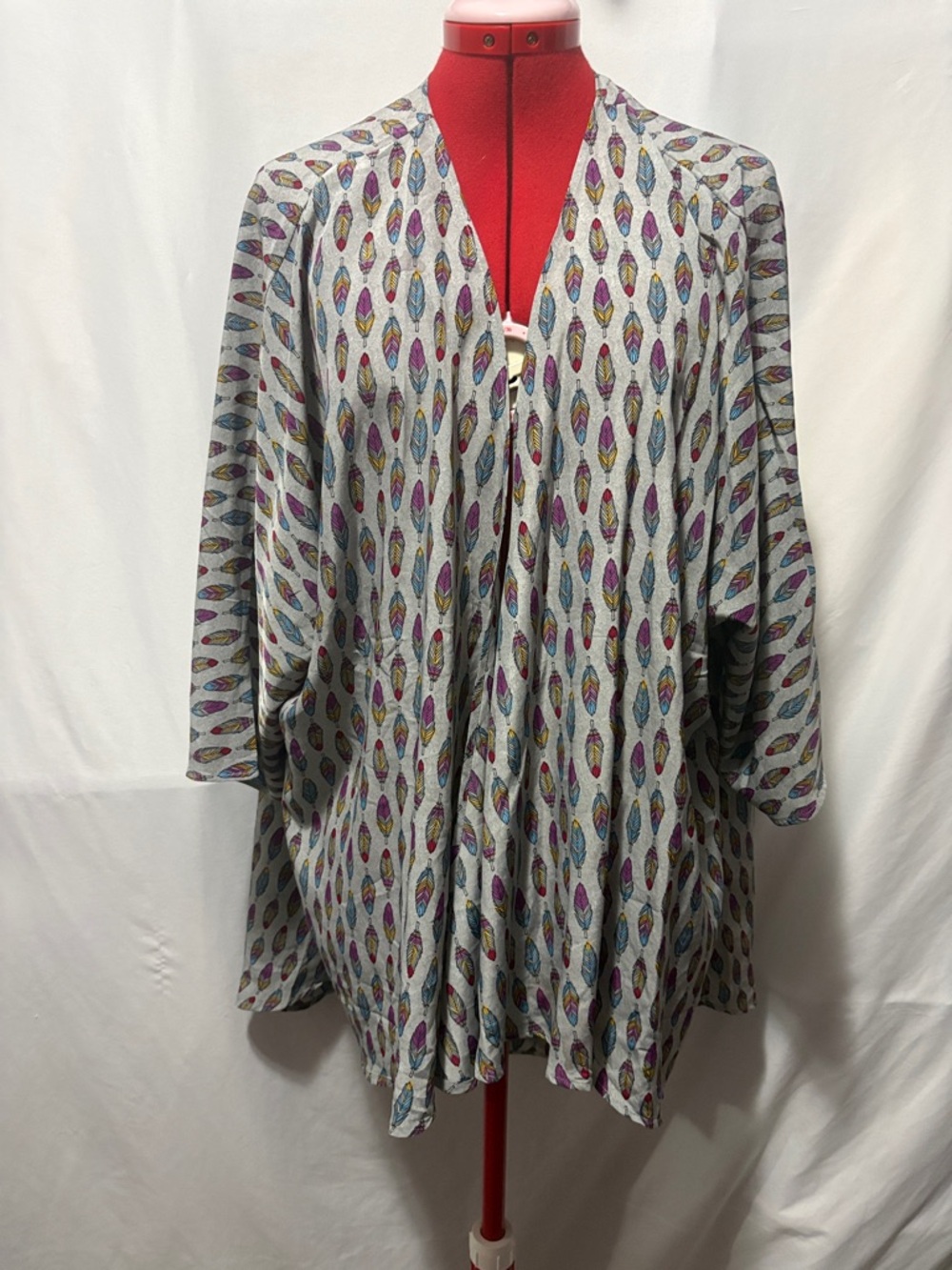 LuLaRoe Gray Cardigan with Pink, Blue, Yellow Feather Print